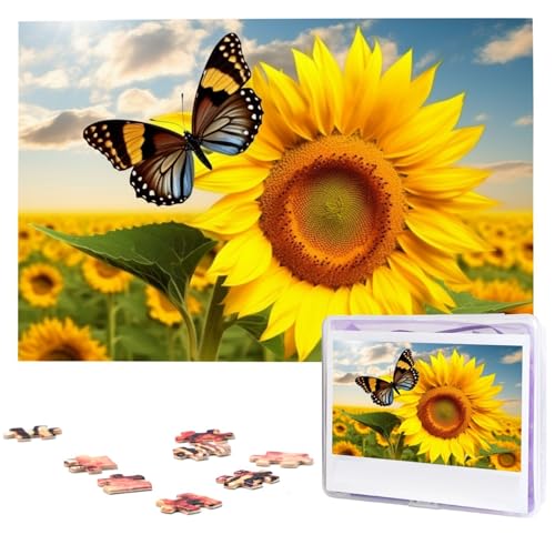 Sonnenblumen-Schmetterling-Puzzle, 1000 Teile, personalisierbar, Holz-Fotopuzzle für Erwachsene, Familienbild, Puzzle, Geschenke für Hochzeit, Geburtstag, Valentinstag, Geschenke (74,9 x 50 cm) von RLDOBOFE