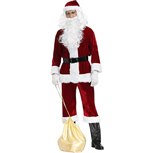 RLEHJN Weihnachtsmannkostüm 9-teiliges Weihnachtsmann Kostüm für Männer Nikolauskostüm Set Nikolaus Anzug Santa Costume für Weihnachten Weihnachtsfeier Cosplay Herren/Erwachsene von RLEHJN