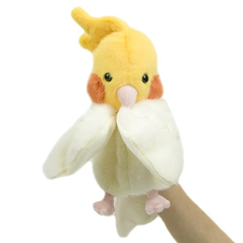 RLOMUTE Papagei-Handpuppe aus Plüsch Nymphensittich süßes kuscheliges Tierspielzeug für Rollenspiele Geschichtenerzählen für Kinder Jungen und Mädchen Eltern-Kind-Interaktion Spiele gelb von RLOMUTE