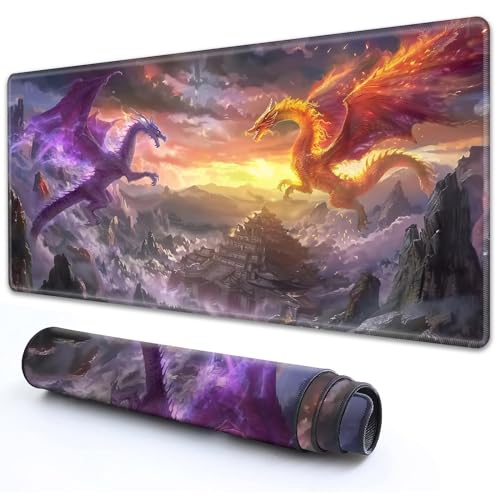 RMJKXQZG for MTG Playmat 61.0 cm x 35.6 cm with High Elastic Rubber Base Non-Slip Rubber Sole HD Printing for MTG Mat Magic Mat Card Playmat Magic Playmat Gaming Mouse Pad, Orange Purple Dragon Fight von RMJKXQZG