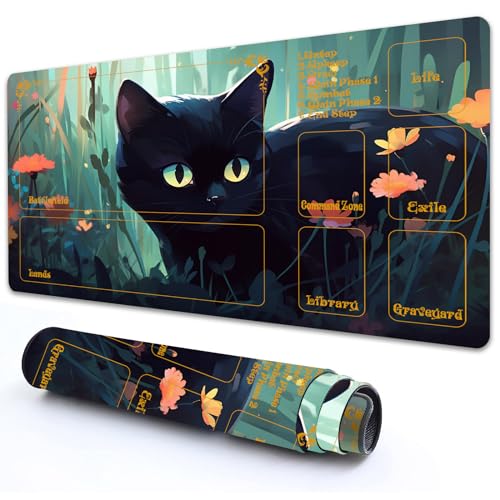RMJKXQZG for MTG Playmat with Zones 61.0 cm x 35.6 cm with High Elastic Rubber Base Non-Slip Rubber Sole HD Printing for MTG Mat Magic Mat Card Playmat Magic Playmat Mouse Pad, Black Cat in The von RMJKXQZG