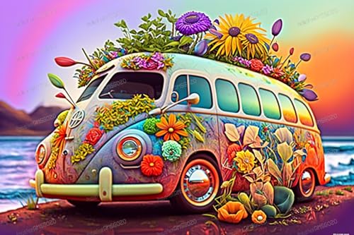 Bunte Blumen Bus 1000 Teile Puzzles für Erwachsene – Farbige Landschaft 1000 Teile Puzzle – Entspannen Sie sich vom Alltag, für Familie, Eltern-Kind-Aktivitäten, Spielzeug, 50,8 x 76,2 cm von RMSGOZO