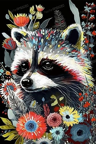 RMSGOZO Puzzle mit Blumen und schwarzem Waschbär für Erwachsene, 500 Teile, Ölgemälde, Tier-Holzpuzzles, tolles Spielzeug für Kinder und Heimdekoration von RMSGOZO