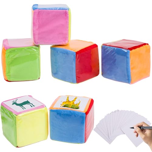 RNHDLY 2 Stück Würfel Groß, Schaumstoffwürfel mit 24 Leere Karte 1 Stift, Bunter Würfel mit Einstecktaschen, 10cm Würfel mit Tasche für Kindergarten, Vorschule, Schule, Frühes Lernen von RNHDLY