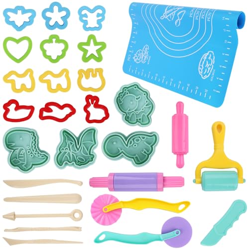 RNHDLY 29 Stück Knete Zubehör Set, Knete Set Knetwerkzeug für Kinder, Knete Zubehör Einschließen Teig Plastilin Werkzeuge, Formen, Teigrolle, Knetmatte von RNHDLY