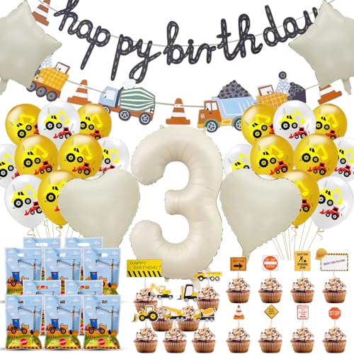 RNHDLY 52 Stück Bagger Geburtstag Deko 3 Jahre, Bagger Deko Kindergeburtstag, Geburtstag Tortendeko Baustelle, Baufahrzeug Geburtstagsdeko, Baustelle Geburtstagdeko (3 jahre) von RNHDLY