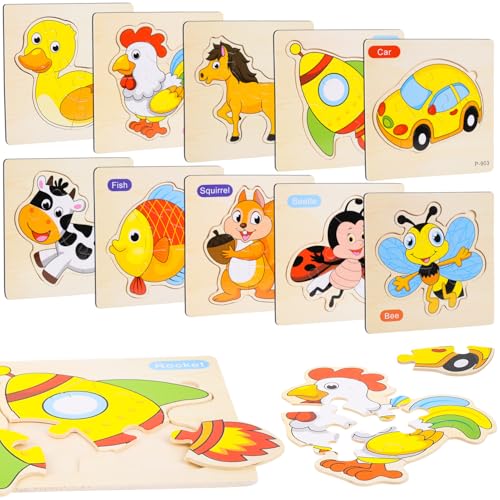 RNHDLY Holzpuzzle Kinder, 10 Stück Steckpuzzle Holz ab 1 2 3 Jahren, Montessori Holzspielzeug Puzzle, Lernspielzeug Holzpuzzle, Geschenk für 1 2 3 Jährige Jungen und Mädchen RNHDLY Holzpuzzle Kinder, 10 Stück Steckpuzzle Holz ab 1 2 3 Jahren, Montessori Holzspielzeug Puzzle, Lernspielzeug Holzpuzzle, Geschenk für 1 2 3 Jährige Jungen und Mädchen von RNHDLY