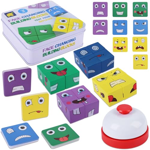 RNHDLY Holzwürfel Puzzle, Face Change Rubiks Cube, Emoji Blocks Spiel, 3D Puzzle Face-Changing Magic Cube, Bunte Zauberwürfel Baustein Spielzeug Ausgestattet mit Snatch Bell von RNHDLY
