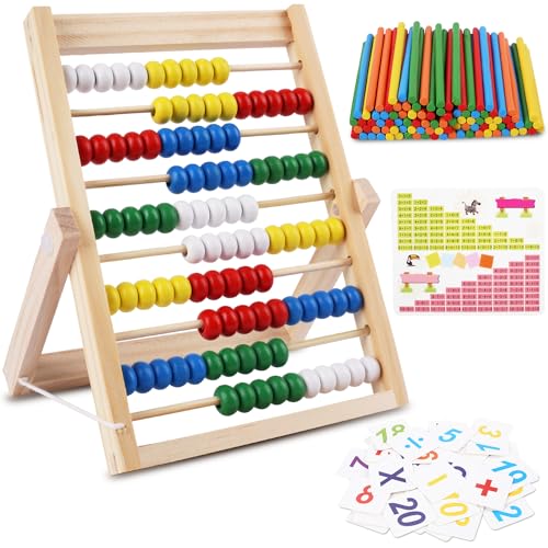 RNHDLY Rechenschieber Rechenrahmen 1. Klasse, Abakus für Kinder Ab 3 Jahren, Holz Rechenschieber 100 Mit 100 Zählstäbchen, Zahlenalphabetkarten, Lernspielzeug von RNHDLY