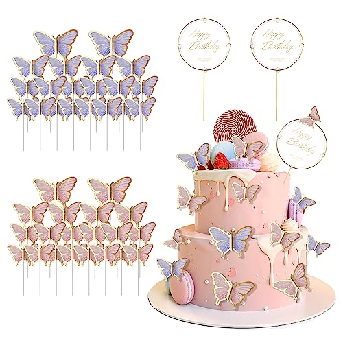 RNHDLY Schmetterlinge Kuchen Deko 42 Stück Schmetterlinge Tortendeko Schmetterlinge Deko Torte Cake Topper Schmetterling für Geburtstag Mädchen Geburtstagsfeier Dekoration, Pink und Lila von RNHDLY