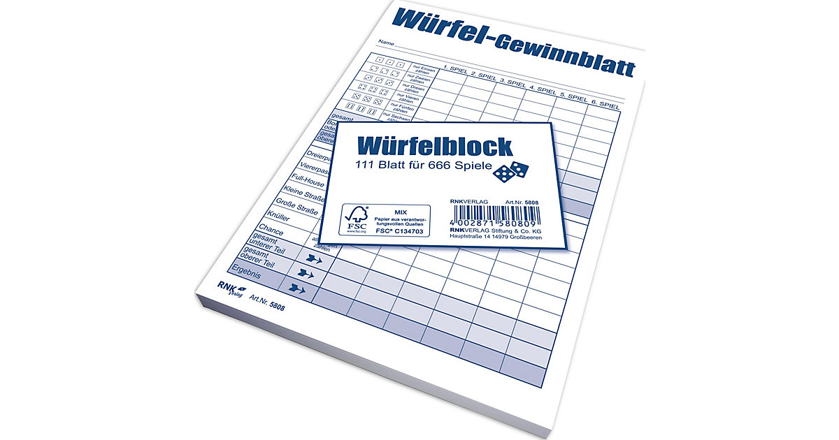 Block Würfelspiel-Gewinnblatt, A6, 1 x 111 Blatt, 666 Spiele von RNK Verlag