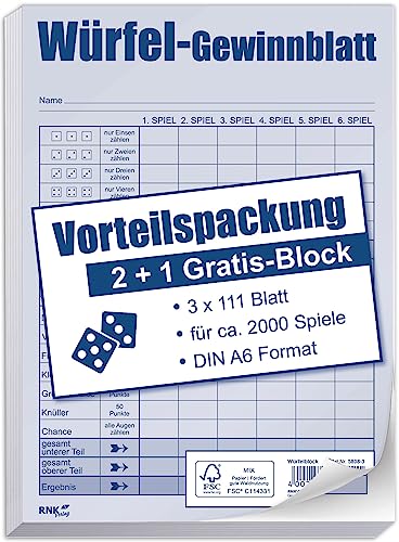 RNKVERLAG 5808-3 - Würfelspiel Vorteilspack DIN A6, 3 Blöcke, je 111 Blatt für ca. 2000 Spiele von RNKVERLAG