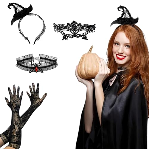 RNXSIB Hexenhut Damen - 4-teiliges Halloween Accessoire mit Spitzenhandschuhen & Spinnenkette | Gothic Kopfschmuck für Hexenkostüm | Wiederverwendbare Frauen-Haarbänder für Karneval & Gruselpartys RNXSIB Hexenhut Damen - 4-teiliges Halloween Accessoire mit Spitzenhandschuhen & Spinnenkette | Gothic Kopfschmuck für Hexenkostüm | Wiederverwendbare Frauen-Haarbänder für Karneval & Gruselpartys von RNXSIB
