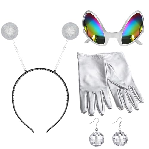 RNXSIB 4 Stück Alien Haarreif, Alien Brille, Handschuhe & Ohrringe, Alien Kostüm Damen, Herren, Kinder, Atmosphäre und Foto-RequisitenPartys von RNXSIB