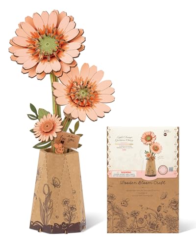 ROBOTIME 3D Holz Blumen Puzzle Hellorange Gerbera, Modellbausätze Für Erwachsene Zum Zusammenbauen, Künstliche Ewige Blüten, DIY Bastelset, Valentinstag, Muttertag Und Weihnachte von ROBOTIME
