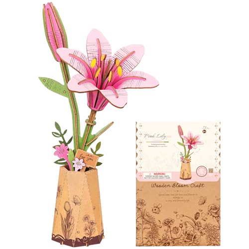 ROBOTIME 3D Holz Blumen Puzzle Rosa Lilie, Modellbausätze für Erwachsene zum Zusammenbauen, künstliche Ewige Blüten, DIY Bastelset, Valentinstag, Muttertag und Weihnachten von ROBOTIME
