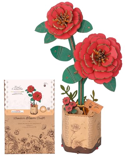 ROBOTIME 3D Holz Blumen Puzzle Rote Kamelie, Modellbausätze für Erwachsene zum Zusammenbauen, künstliche Ewige Blüten, DIY Bastelset, Valentinstag, Muttertag und Weihnachten von ROBOTIME