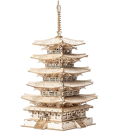 ROBOTIME 3D Puzzles Holz Mechanischer Modellbausätze DIY Fünfstöckige Pagode Bastelsets Kreative Puzzlesets Erwachsene zum Bauen von ROBOTIME