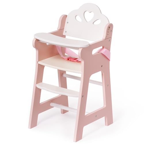 ROBOTIME Baby-Puppen-Hochstuhl, Pretend Play Holzpuppenmöbel für bis zu 45,7 cm, mit Sicherheitsgurt und Fußablage, stabiler und stilvoller Puppen-Fütterstuhl, Puppenzubehör für Kinder ab 3 Jahren von ROBOTIME