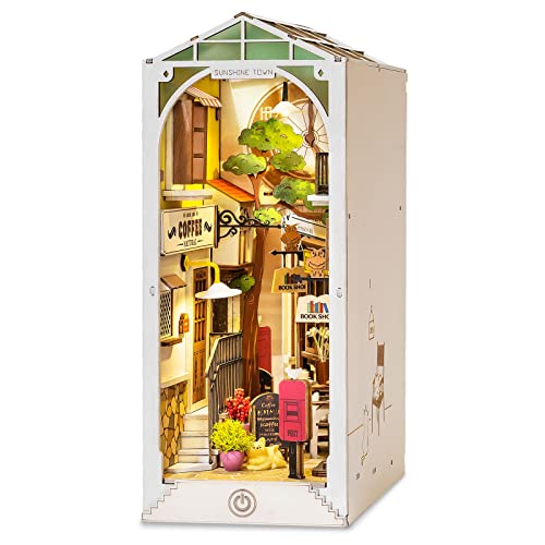 ROBOTIME DIY Book Nook Kit, Wand Hängen Miniature House, Puzzle Haus Modell Bausätze mit LED-Leuchten, Bücherregal Dekor Geschenk zum Muttertag(Sunshine Town) von ROBOTIME