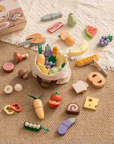 ROBOTIME Essens-Set aus Holz für Kinder, Küchenspielzeug zum Schneiden – Realistisches Lebensmittelspielzeug für Kinder mit Aufbewahrungstasche, pädagogisches Rollenspielgeschenk für Jungen und ROBOTIME Essens-Set aus Holz für Kinder, Küchenspielzeug zum Schneiden – Realistisches Lebensmittelspielzeug für Kinder mit Aufbewahrungstasche, pädagogisches Rollenspielgeschenk für Jungen und von ROBOTIME