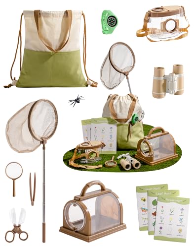 ROBOTIME Explorer & Insektenfänger Kit, 12-in-1 Outdoor Abenteuer Set mit Fernglas, Lupe, Schmetterlingsnetz, Insektenbox & Kompassuhr, Geschenk für Kinder ab 3 Jahren von ROBOTIME