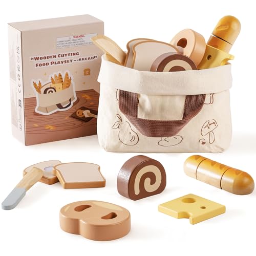 ROBOTIME Holz-Brot-Schneideset für Kinder - Realistisches Bäckereispielzeug mit Holz-Brot, Käse, Bagel & Zubehör, Montessori-Lernspielzeug für Kleinkinder von ROBOTIME