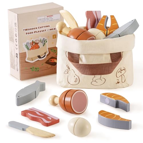 ROBOTIME Holz-Fleisch & Eier-Schneideset für Kinder - Realistisches Metzger-Spielset mit Holz-Fisch, Speck, Steak, Ei & Zubehör, Montessori-Rollenspiel-Spielzeug von ROBOTIME