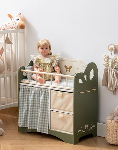 ROBOTIME Holz Puppenbett für Kinder, Baby Puppenbett mit Aufbewahrungsschrank und Bettwäsche, Puppenbett geeignet für Puppen bis 22 Zoll, Kleinkinder ab 3 Jahren (Grün) von ROBOTIME