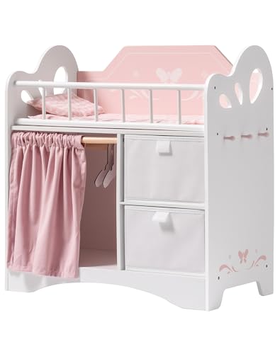 ROBOTIME Holz Puppenbett für Kinder, Baby Puppenbett mit Aufbewahrungsschrank und Bettwäsche, Puppenbett geeignet für Puppen bis 22 Zoll, Kleinkinder ab 3 Jahren (Rosa) von ROBOTIME