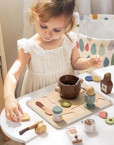 ROBOTIME Holz-Spielzeug Lebensmittelset für Kleinkinder - 31Pcs Montessori Spielküche mit realistischen Utensilien, Rollenspiel Geschirr, Haferflocken Kokosnuss, Geschenk für Mädchen und Jungen 3-8 von ROBOTIME
