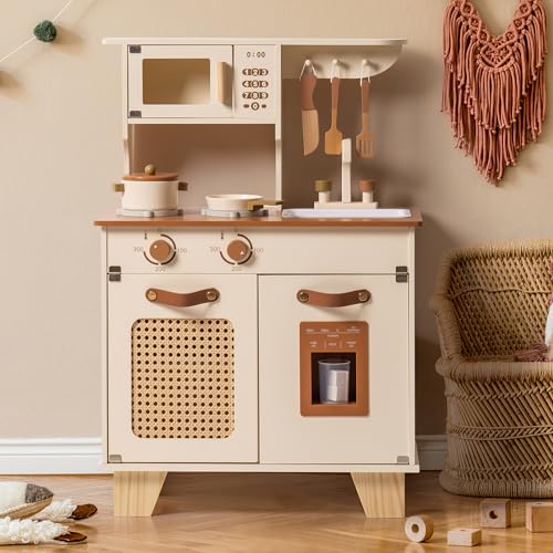 ROBOTIME Holzspielküche, Kleinkind, realistische Spielzeugküche mit Eisspender, Rattan-Netz und Lederelement, Prentend Play Cooking Spielset für Kinder, Rollenspiel-Geschenk für Jungen Mädchen ab 3 ROBOTIME Holzspielküche, Kleinkind, realistische Spielzeugküche mit Eisspender, Rattan-Netz und Lederelement, Prentend Play Cooking Spielset für Kinder, Rollenspiel-Geschenk für Jungen Mädchen ab 3 von ROBOTIME