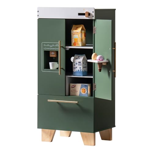ROBOTIME Holzspielzeug Kühlschrank - Kinder Küchenspielset Mit Eiswürfelausgabe & Zubehör, Spiel für Jungen & Mädchen Ab 3 Jahren, Spielküchen, Geschenkset (Vintage Grün) von ROBOTIME