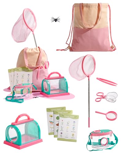 ROBOTIME Kinder Entdecker Kit, mit Insektennetz, Lupe, Insektenbeobachter, Schmetterlingsnetz, Outdoor Abenteuer Set für Garten & Camping, Geschenk für Mädchen 3-12 (Rosa - 8PC) von ROBOTIME