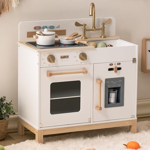ROBOTIME Kinderküche aus Holz, für Mädchen und Jungen ab 3 Jahren, Rollenspiel-Kochset mit Lichtern und Geräuschen, Herd, Eiswürfelmaschine und Besteck, Geschenk für Kinder von 3-8 Jahren (Creme) von ROBOTIME