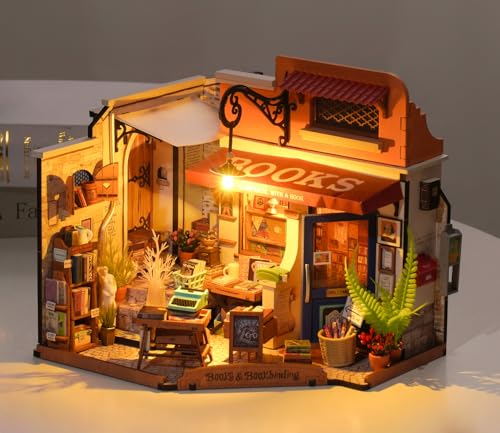 ROBOTIME Miniatur Haus Buchhandlung, DIY Miniature House Holz Puppenhaus Modellbau Bausatz mit LED Geschenk für Erwachsene und Kinder von ROBOTIME