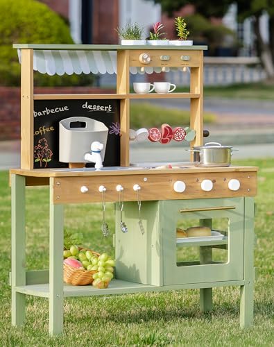 ROBOTIME Mud Kitchen Spielset für Kinder, Deluxe Outdoor-Holzküche mit funktionierendem Wasserhahn, schwarzer Tafel, BBQ-Grill, großem Stauraum, Gartenspüle und Küchenzubehör, Rollenspiel für Kleinkin von ROBOTIME