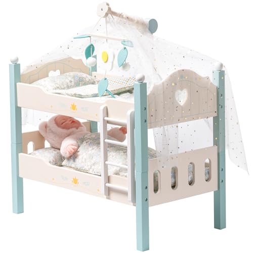 ROBOTIME Puppen-Etagenbett aus Holz, Puppenbetten, umbaubares Bett mit Leiter und Bettzeug, für 18 Zoll große stapelbare Puppenbetten, perfektes Puppenzubehör, Geschenk für Kinder (Blau) von ROBOTIME