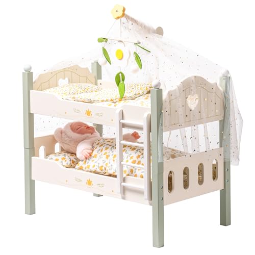 ROBOTIME Puppen-Etagenbett aus Holz, Puppenbetten, umbaubares Bett mit Leiter und Bettzeug, für 18 Zoll große stapelbare Puppenbetten, perfektes Puppenzubehör, Geschenk für Kinder (Grün) von ROBOTIME