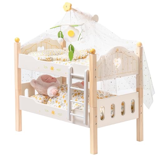 ROBOTIME Puppen-Etagenbett aus Holz, Puppenbetten, umbaubares Bett mit Leiter und Bettzeug, für 18 Zoll große stapelbare Puppenbetten, perfektes Puppenzubehör, Geschenk für Kinder (Holzfarbe) von ROBOTIME