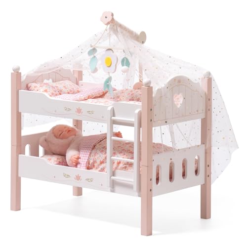ROBOTIME Puppen-Etagenbett aus Holz, Puppenbetten, umbaubares Bett mit Leiter und Bettzeug, für 18 Zoll große stapelbare Puppenbetten, perfektes Puppenzubehör, Geschenk für Kinder (Rosa) von ROBOTIME