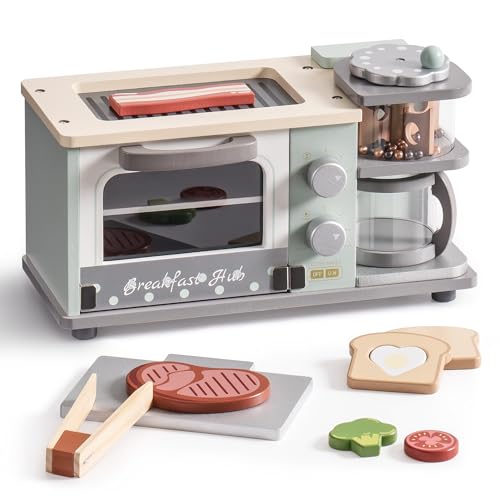 ROBOTIME Spielküche Zubehör, 3-in-1 Holzküchen-Spielset mit Kaffeemaschine, Ofen, Grillplatte, Spiellebensmitteln, Realistisches Rollenspiel für Kleinkinder, für Jungen und Mädchen 3-8 (Minze) von ROBOTIME