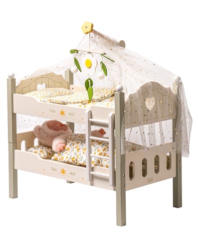 ROBUD Holz Puppenbett Etagenbett, Puppen Bett aus Holz 43 cm, Puppenwiege mit Leiter und Bettwäsche, Baby Puppen Zubehör Bett, Kleinkindspielzeug für Mädchen Jungen Babys Geschenke von ROBUD