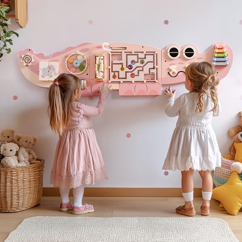 ROBUD Wandmontiertes Montessori Busy Board, 8-in-1 Activity Board Spielzeug Holz Beschäftigungsbrett mit Magnetischem Perlenlabyrinth, Xylophon, Zahnrädern, Geschenk für Kinder Mädchen ab 3 Jahre von ROBUD