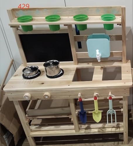 ROBUD Holz-Matschküche für Kleinkinder, Spielküche für draußen mit Spüle, Herd, Pflanztöpfen, Tafel, Ablagefach und Küchenzubehör, Rollenspielzeug für Jungen und Mädchen ab 3 Jahren von ROBUD
