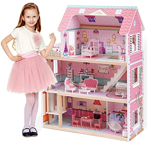 ROBUD Holz Puppenhaus für Kinder, Puppenhaus-Spielzeuggeschenk für Mädchen und Jungen im Alter von 3, 4, 5, 6 Jahren von ROBUD
