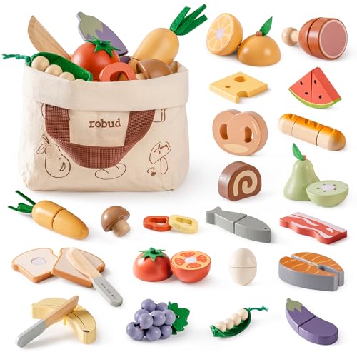 ROBUD Holz Spielzeug-Lebensmittel Set, 24 Stück Obst Gemüse Brot Fleisch mit Stofftasche, Kinderküchen Zubehör ROBUD Holz Spielzeug-Lebensmittel Set, 24 Stück Obst Gemüse Brot Fleisch mit Stofftasche, Kinderküchen Zubehör von ROBUD