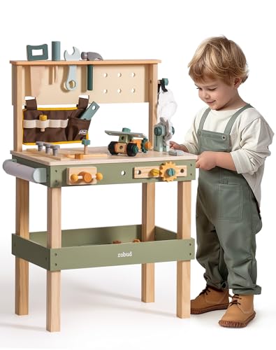 ROBUD Holz Werkbank Kinder, Spielzeug Werkzeugbank mit Werkzeuggürtel, Kinder Werkzeug Set, Schutzbrille, Zeichenpapier für Rollenspiel Konstruktion, Jungen Mädchen Spielzeug ab 3-5-6-8 Jahre Geschenk von ROBUD