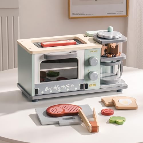 ROBUD Kinder Küche Zubehör Holz | Frühstücksautomat Spielküchen Set Mit Kaffeemaschine, Backofen, Grillplatte, Spielzeuglebensmittel, Küchengeräteset - Geschenke Ab 3 Jahren (Mintgrün) von ROBUD