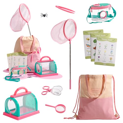 ROBUD Kids Outdoor Explorer Kit, Käferfang-Abenteuer-Sets mit Schmetterlingsnetzen, Lupen, Käferbehältern, Tragetaschen, Naturspielzeug für Jungen und Mädchen im Alter von 3-12 Jahren (Rosa) von ROBUD
